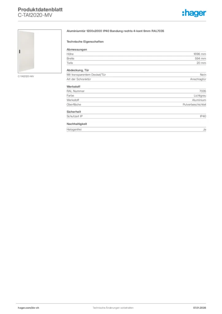 Bild Hager Produktdatenblatt C-TA12020-MV | Hager Schweiz