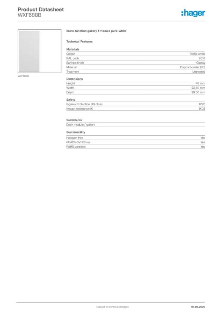 Image Hager Product data sheet WXF688B  | Hager Africa