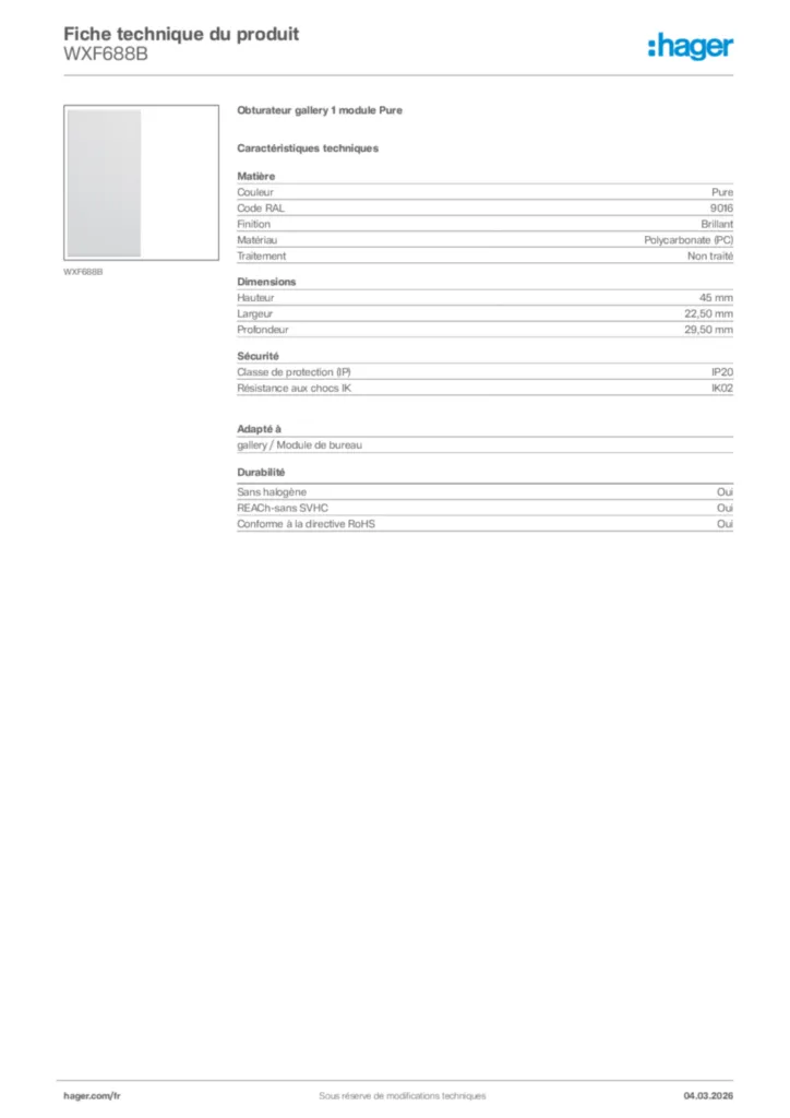 Image Hager Fiche technique du produit WXF688B | Hager France