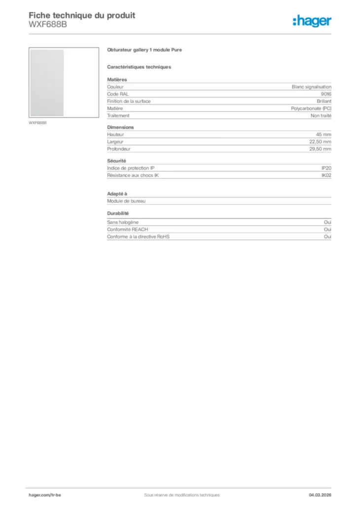 Image Hager Fiche technique du produit WXF688B | Hager Belgique