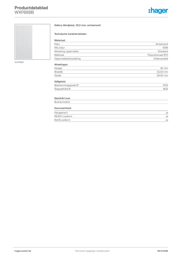 Afbeelding Hager Productdatablad WXF688B | Hager Belgium