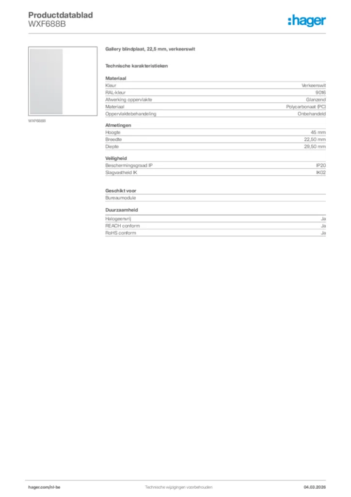 Afbeelding Hager Productdatablad WXF688B | Hager Belgium