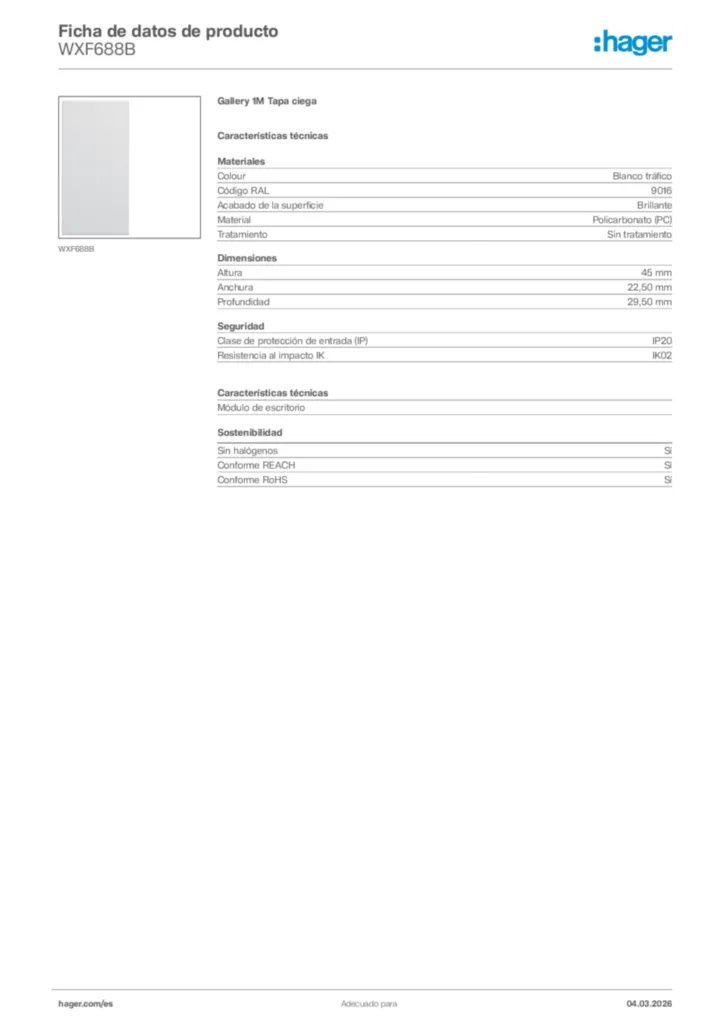 Imagen Hager Ficha de datos de producto WXF688B | Hager España