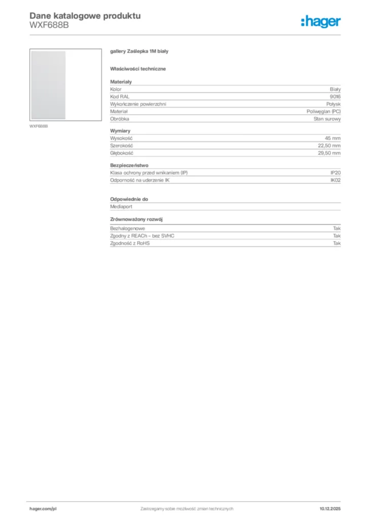 Zdjęcie Hager Dane katalogowe produktu WXF688B | Hager Polska