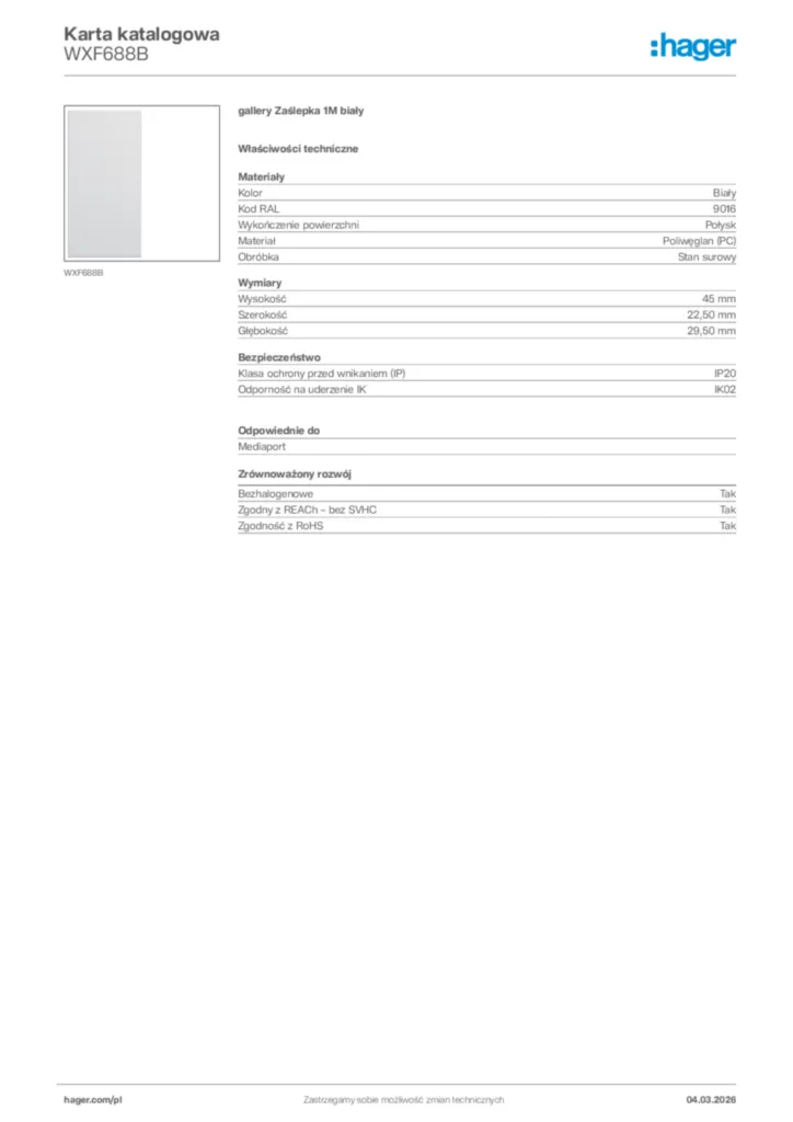 Zdjęcie Hager Karta katalogowa WXF688B | Hager Polska
