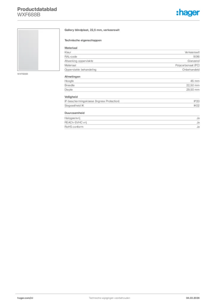 Afbeelding Hager Productdatablad WXF688B | Hager Nederland