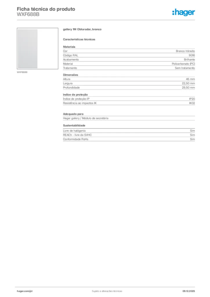 Imagem Hager Ficha técnica do produto WXF688B | Hager Portugal