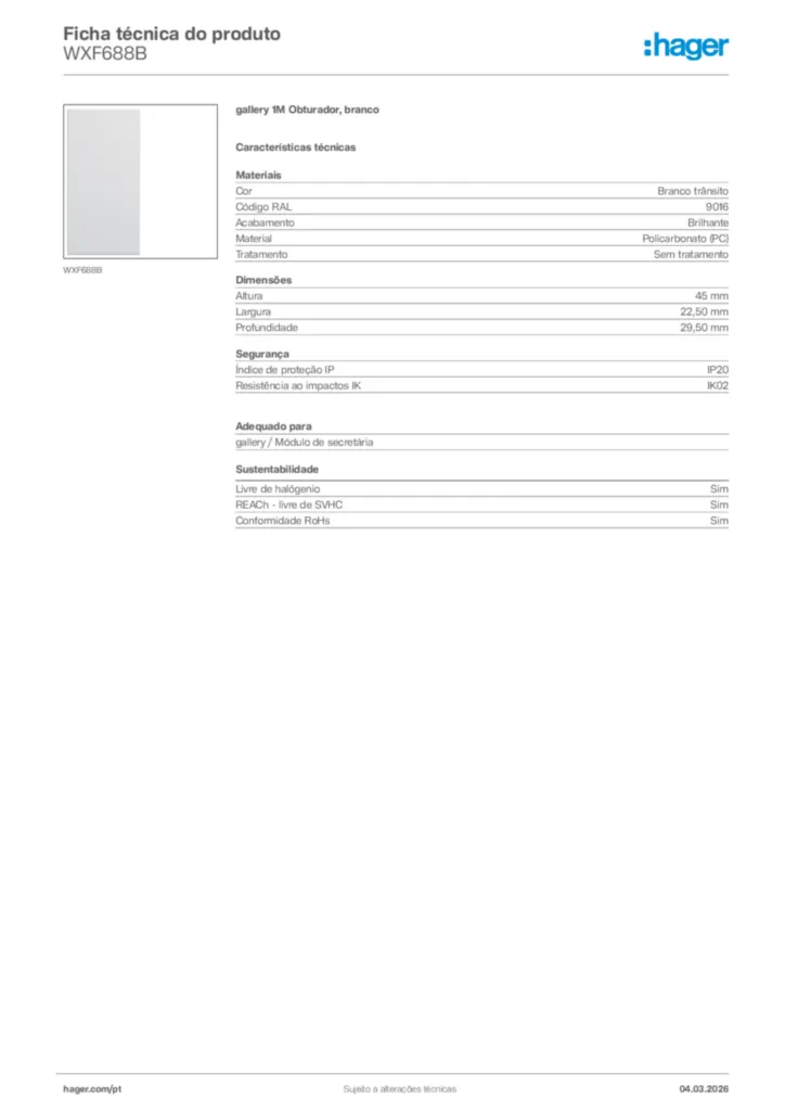 Imagem Hager Ficha técnica do produto WXF688B | Hager Portugal