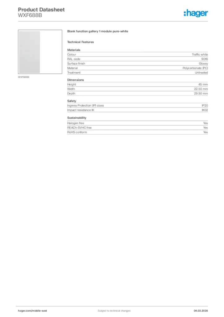 Image Hager Product data sheet WXF688B  | Hager