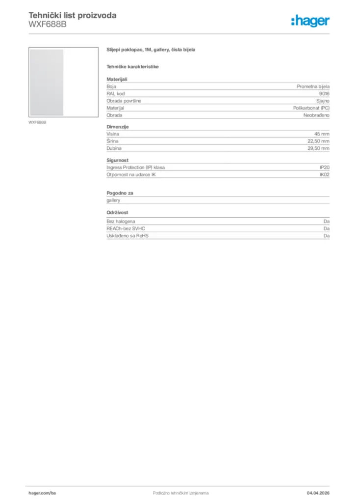 Slika Hager Tehnički list proizvoda WXF688B  | Hager