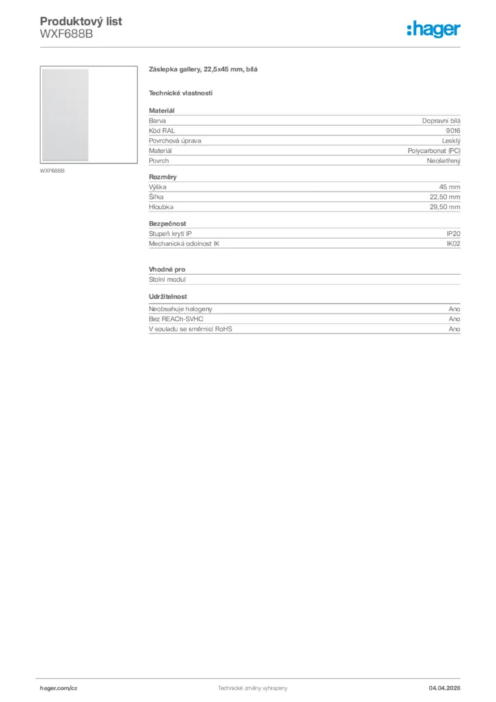 Obrázek Hager Product data sheet WXF688B | Hager