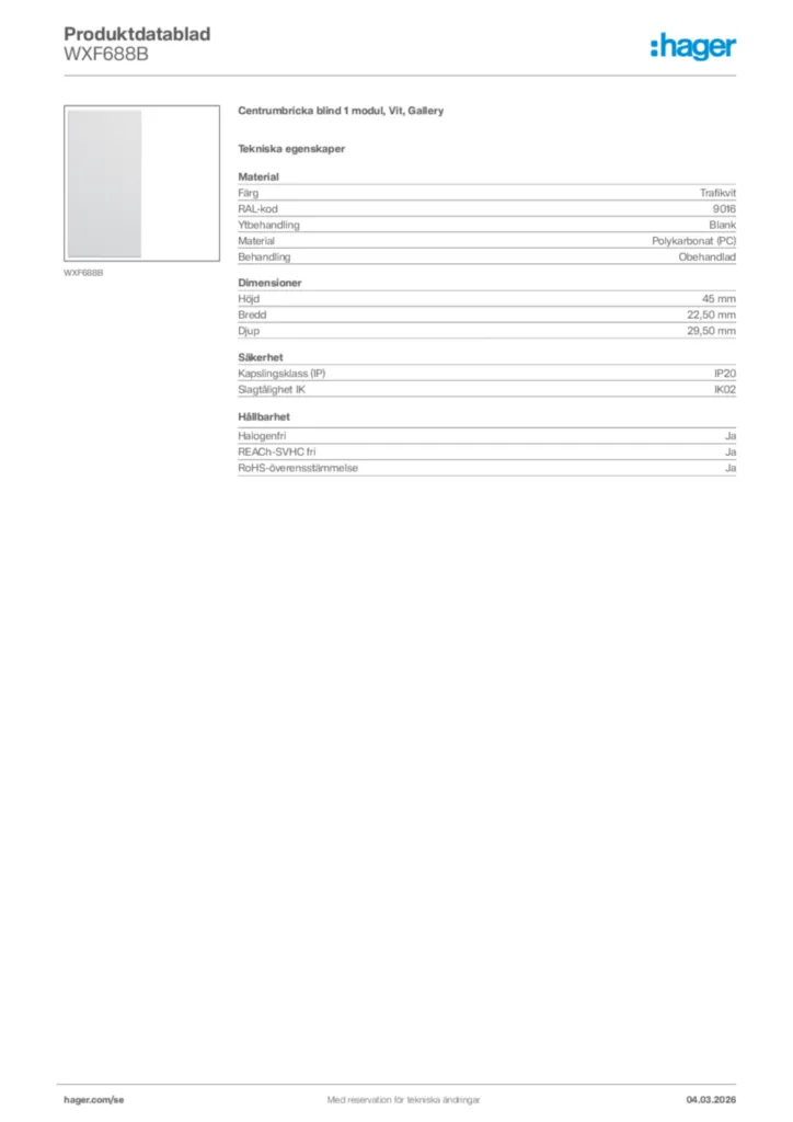 Bild Hager Produktdatablad WXF688B | Hager Sverige