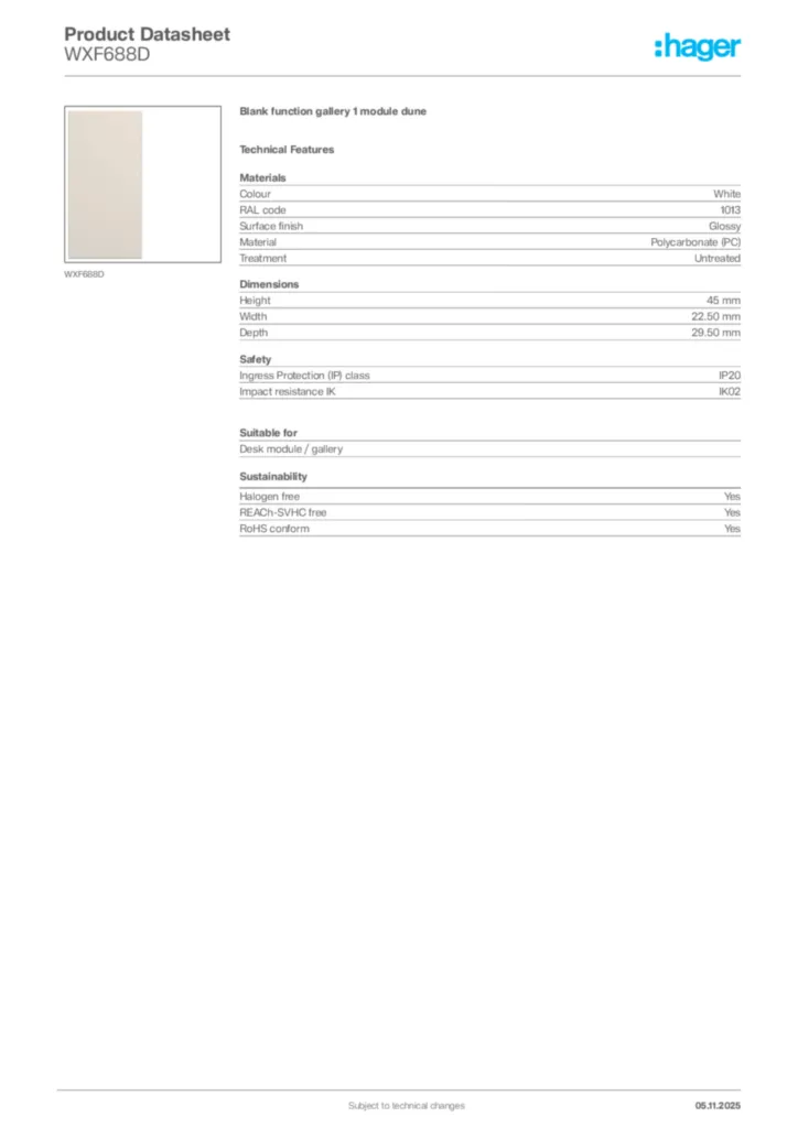Image Hager Product data sheet WXF688D  | Hager Africa