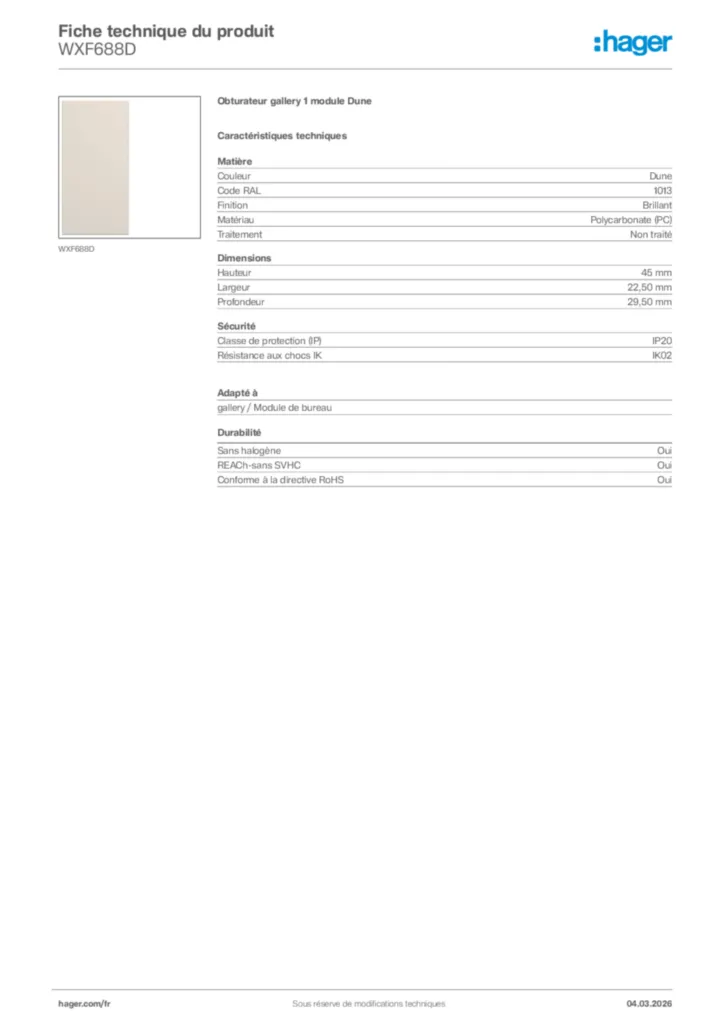 Image Hager Fiche technique du produit WXF688D | Hager France