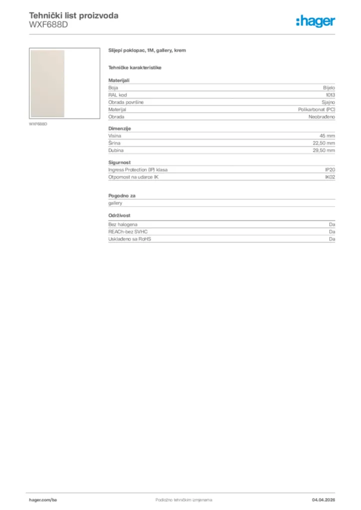 Slika Hager Tehnički list proizvoda WXF688D  | Hager