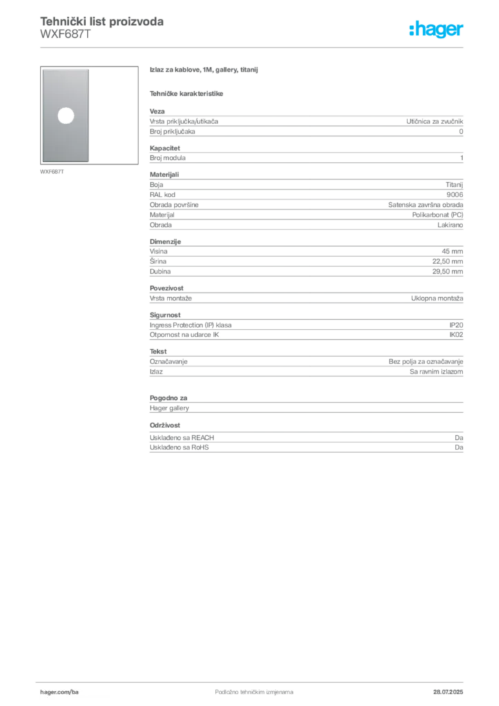 Slika Hager Product data sheet WXF687T  | Hager