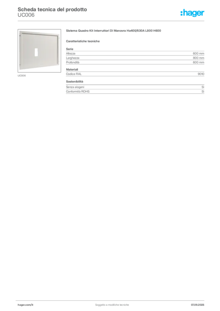 Immagine Hager Scheda tecnica del prodotto UC006 | Hager Italia