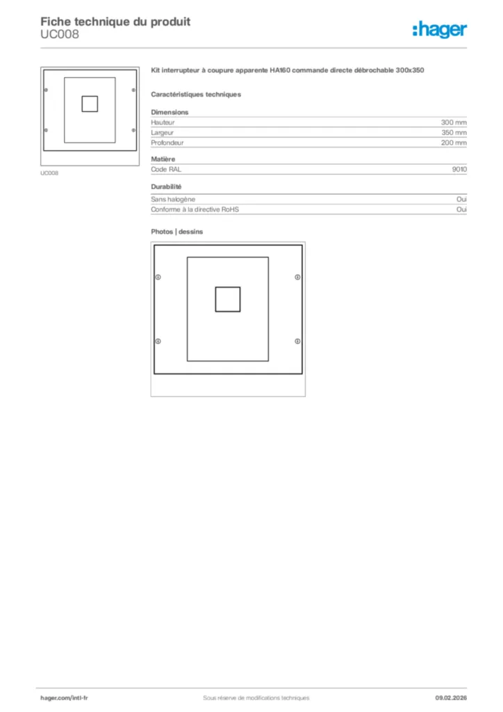 Image Hager Fiche technique du produit UC008 | Hager Afrique