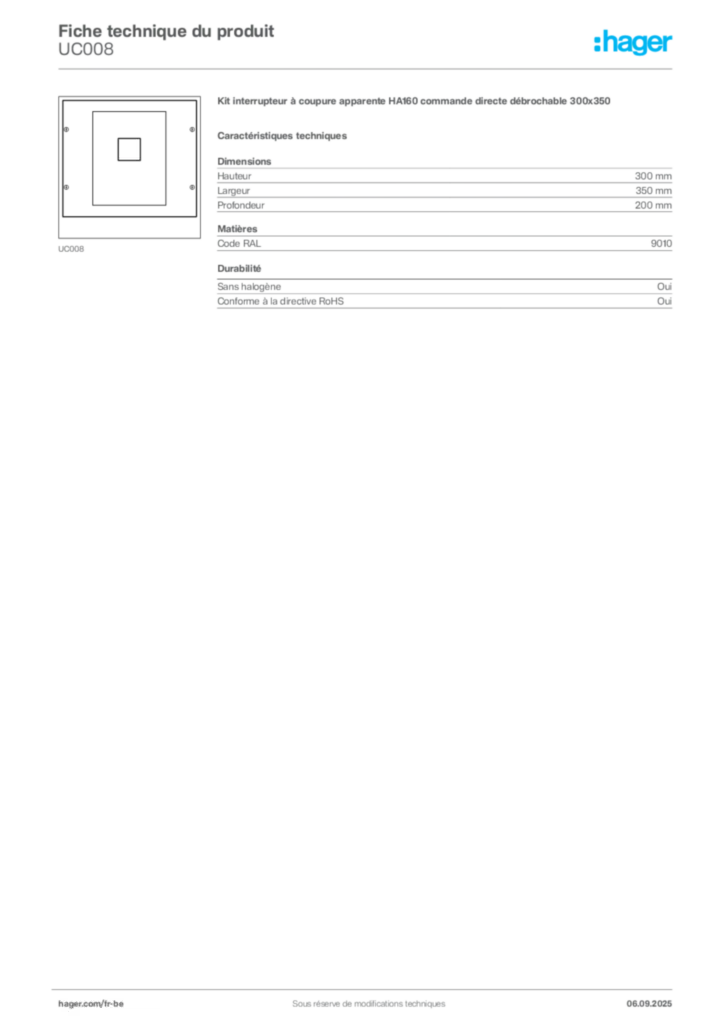 Image Hager Fiche technique du produit UC008 | Hager Belgique