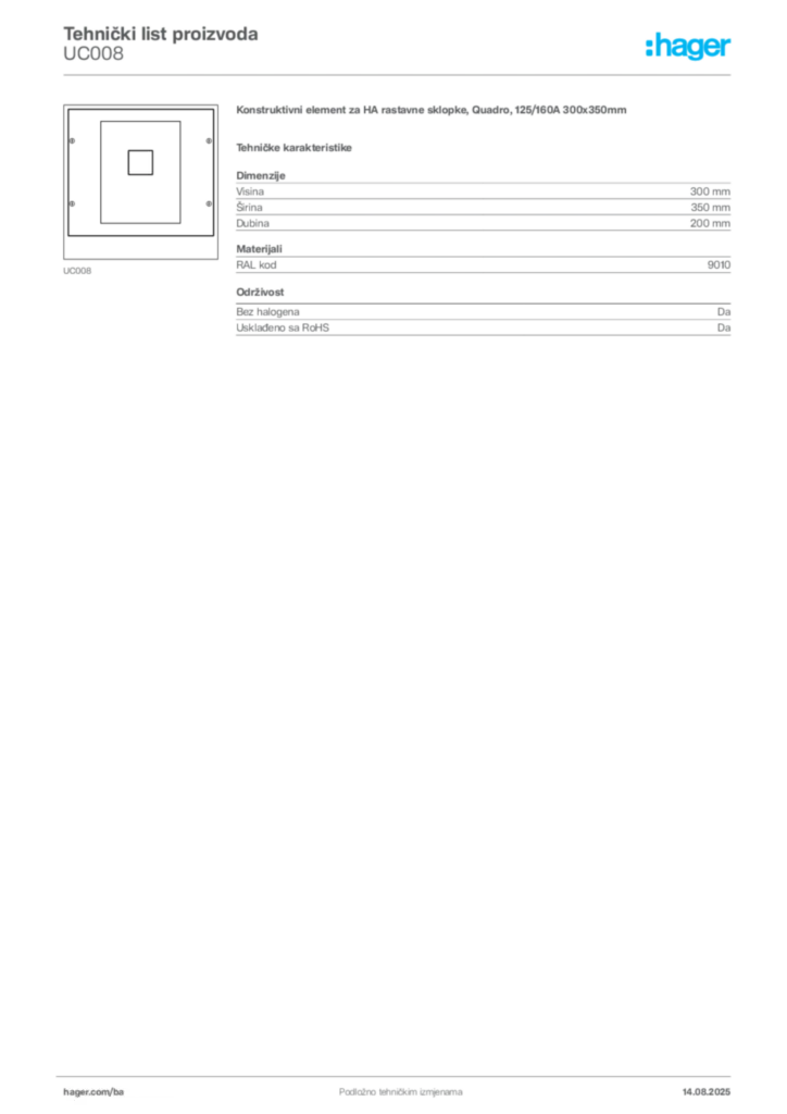 Slika Hager Product data sheet UC008  | Hager