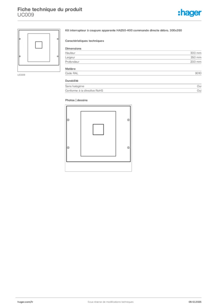 Image Hager Fiche technique du produit UC009 | Hager France
