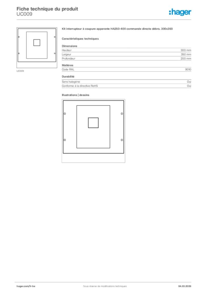 Image Hager Fiche technique du produit UC009 | Hager Belgique
