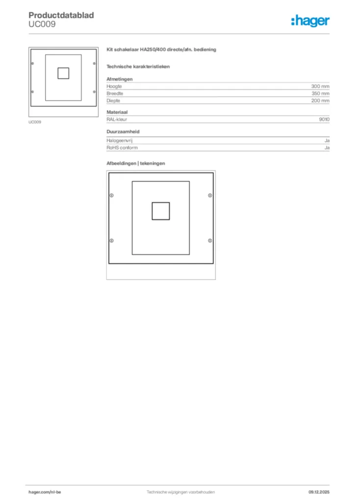 Afbeelding Hager Productdatablad UC009 | Hager Belgium