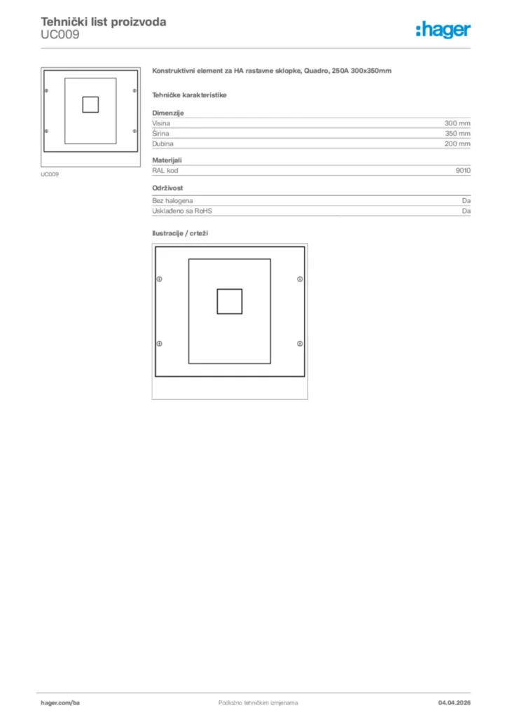 Slika Hager Tehnički list proizvoda UC009  | Hager
