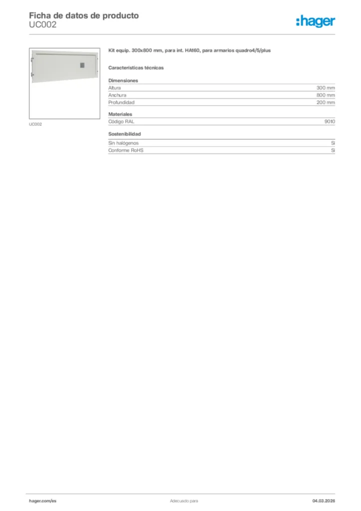 Imagen Hager Ficha de datos de producto UC002 | Hager España