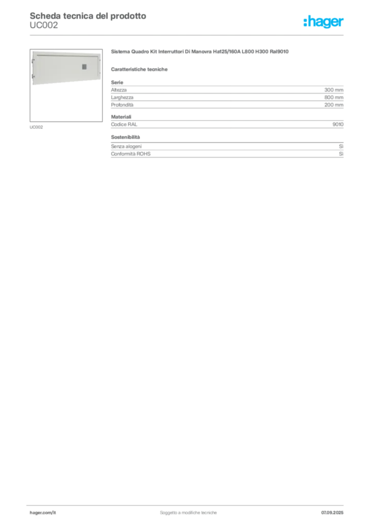 Immagine Hager Scheda tecnica del prodotto UC002 | Hager Italia