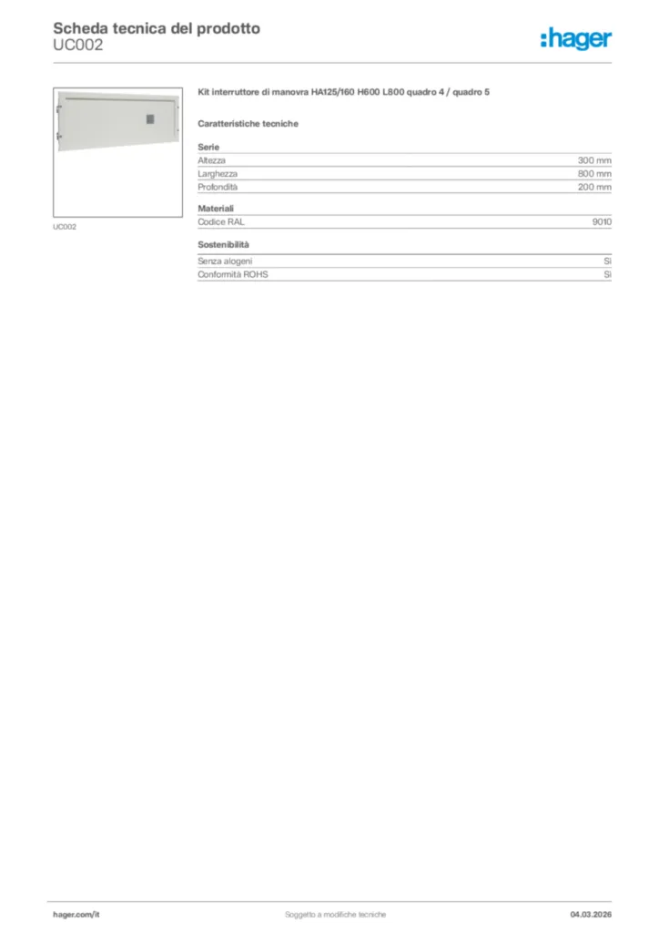 Immagine Hager Scheda tecnica del prodotto UC002 | Hager Italia