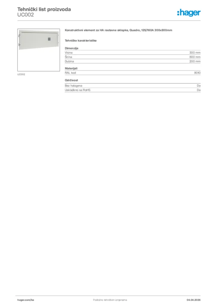 Slika Hager Tehnički list proizvoda UC002  | Hager