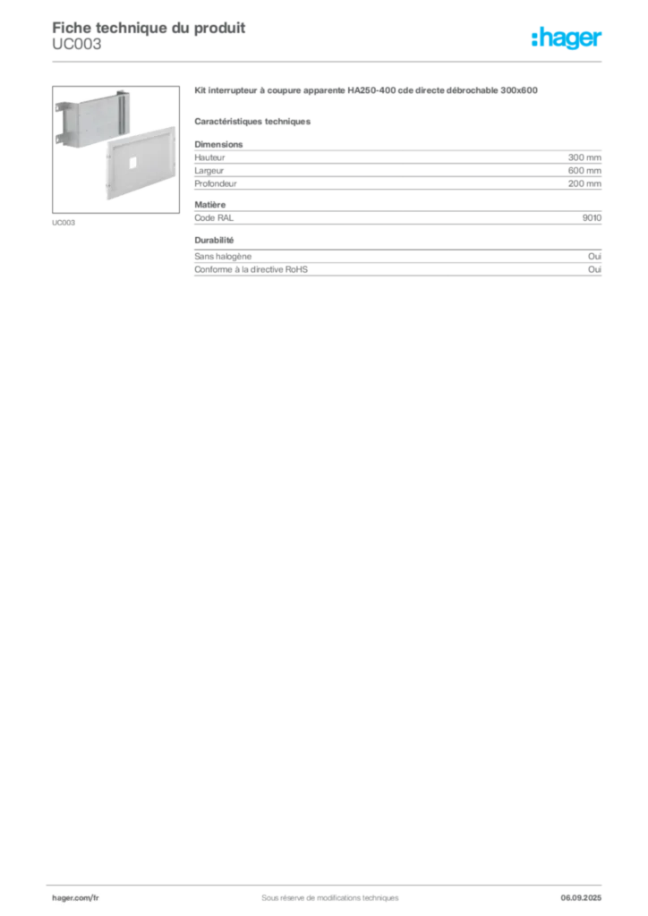 Image Hager Fiche technique du produit UC003 | Hager France