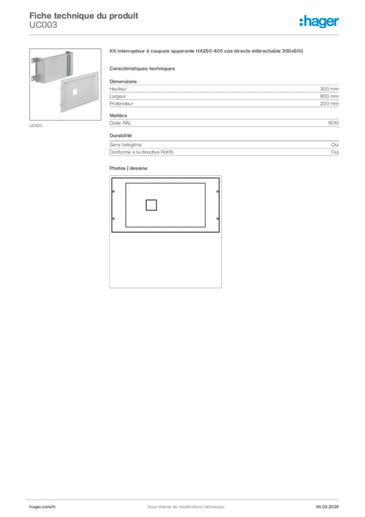 Image Hager Fiche technique du produit UC003 | Hager France