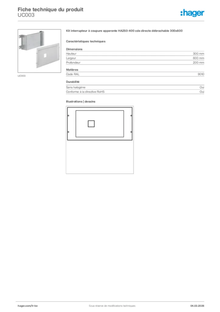 Image Hager Fiche technique du produit UC003 | Hager Belgique