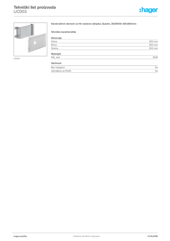 Slika Hager Product data sheet UC003  | Hager