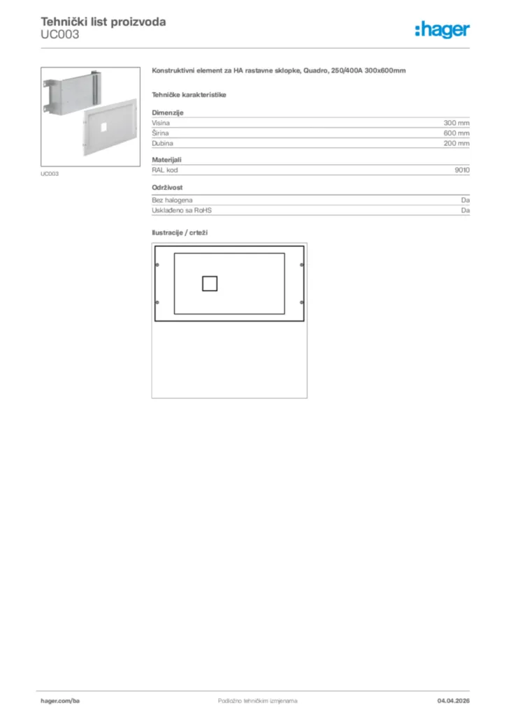 Slika Hager Tehnički list proizvoda UC003  | Hager