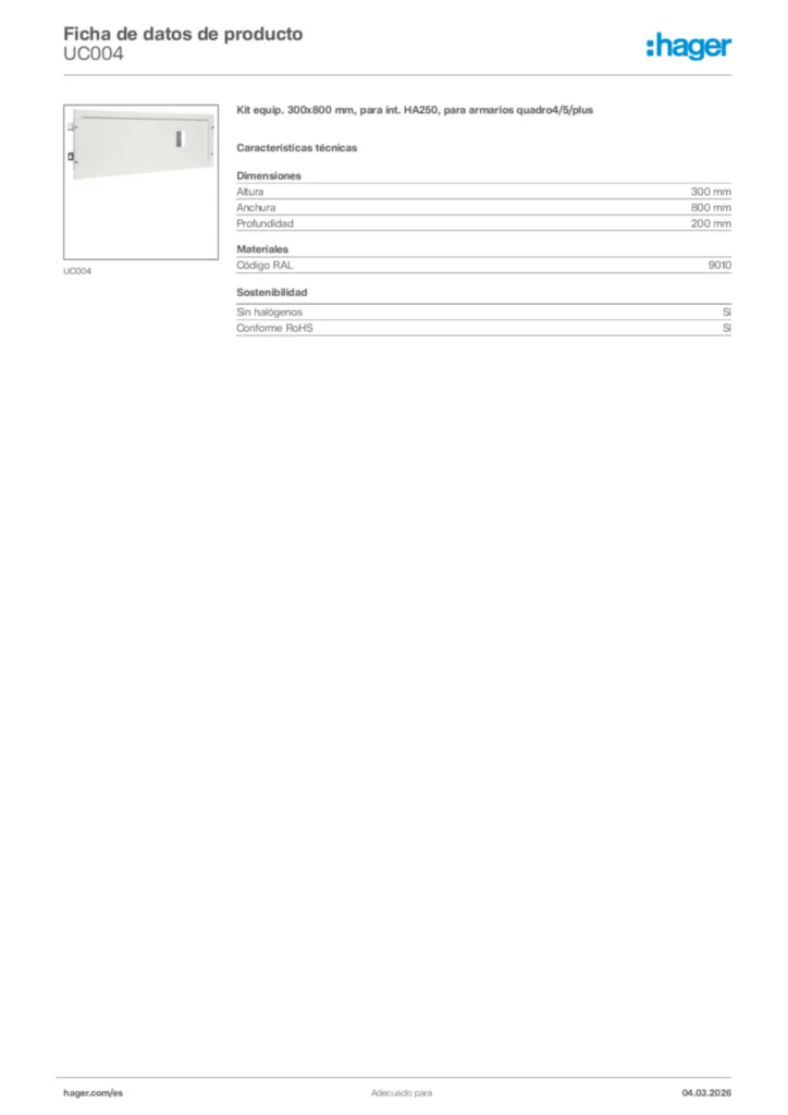 Imagen Hager Ficha de datos de producto UC004 | Hager España