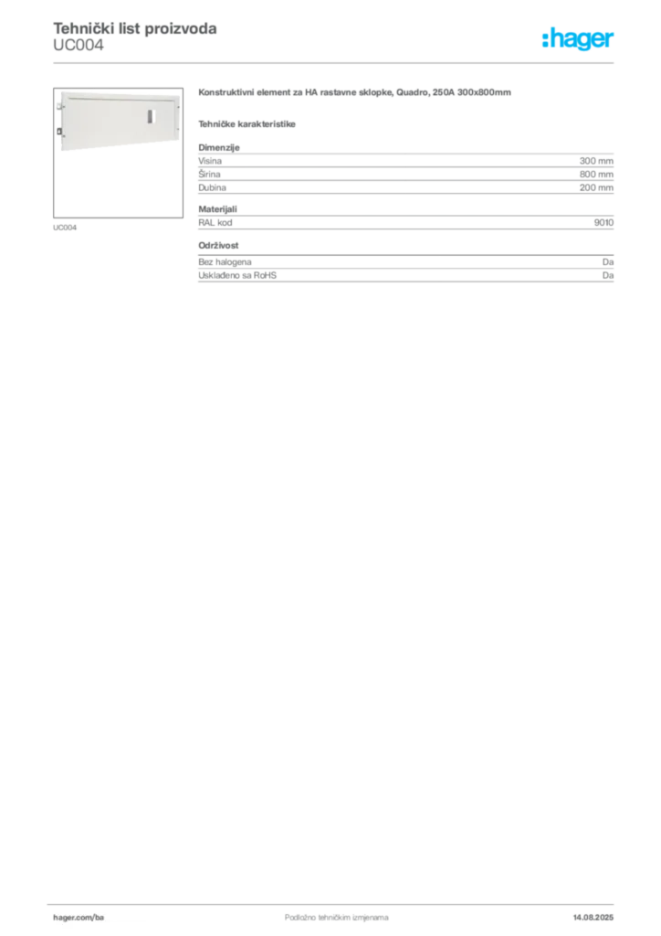 Slika Hager Product data sheet UC004  | Hager