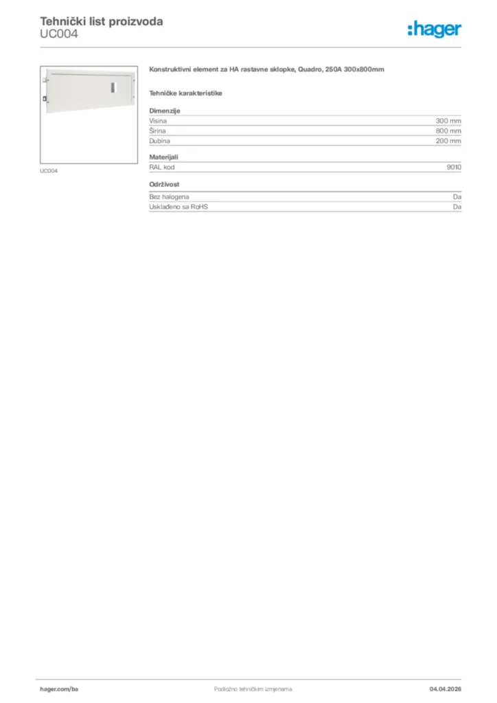 Slika Hager Tehnički list proizvoda UC004  | Hager