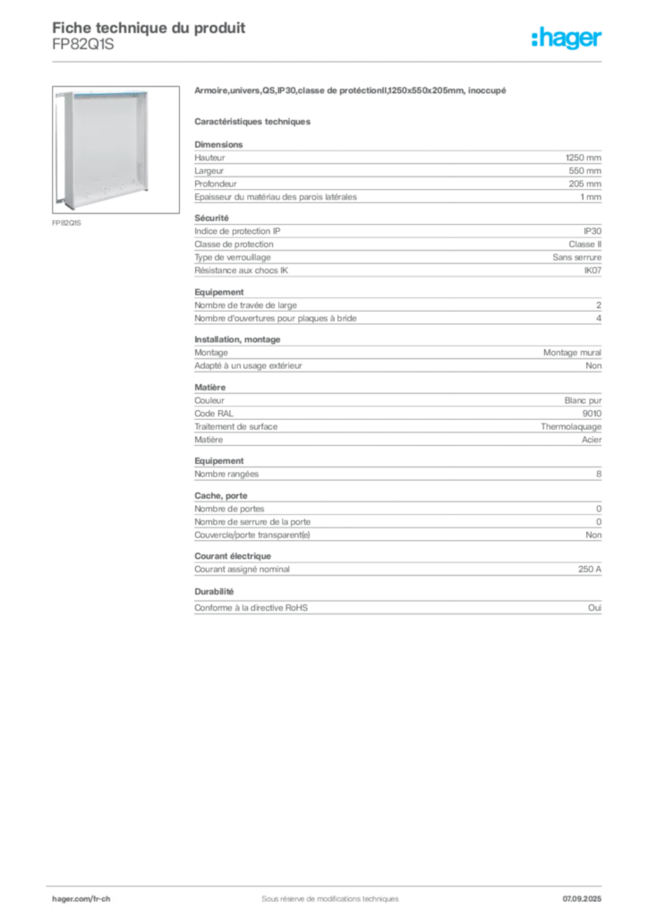 Image Hager Fiche technique du produit FP82Q1S | Hager Suisse