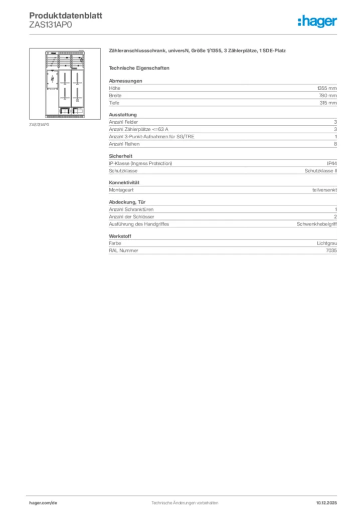 Bild Hager Produktdatenblatt ZAS131AP0 | Hager Deutschland