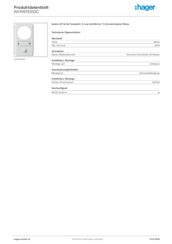 Bild Hager Produktdatenblatt WH11511000C | Hager Schweiz