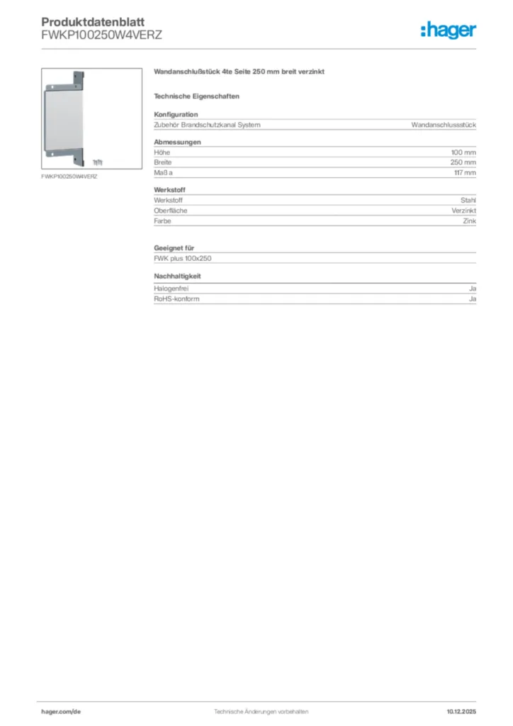 Bild Hager Produktdatenblatt FWKP100250W4VERZ | Hager Deutschland