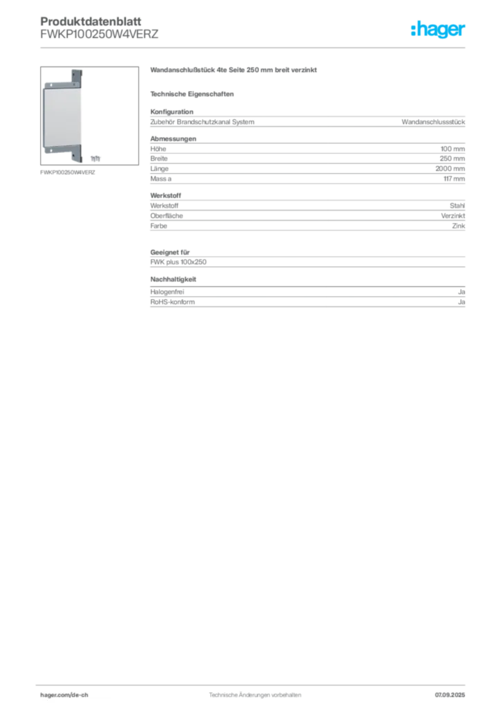 Bild Hager Produktdatenblatt FWKP100250W4VERZ | Hager Schweiz