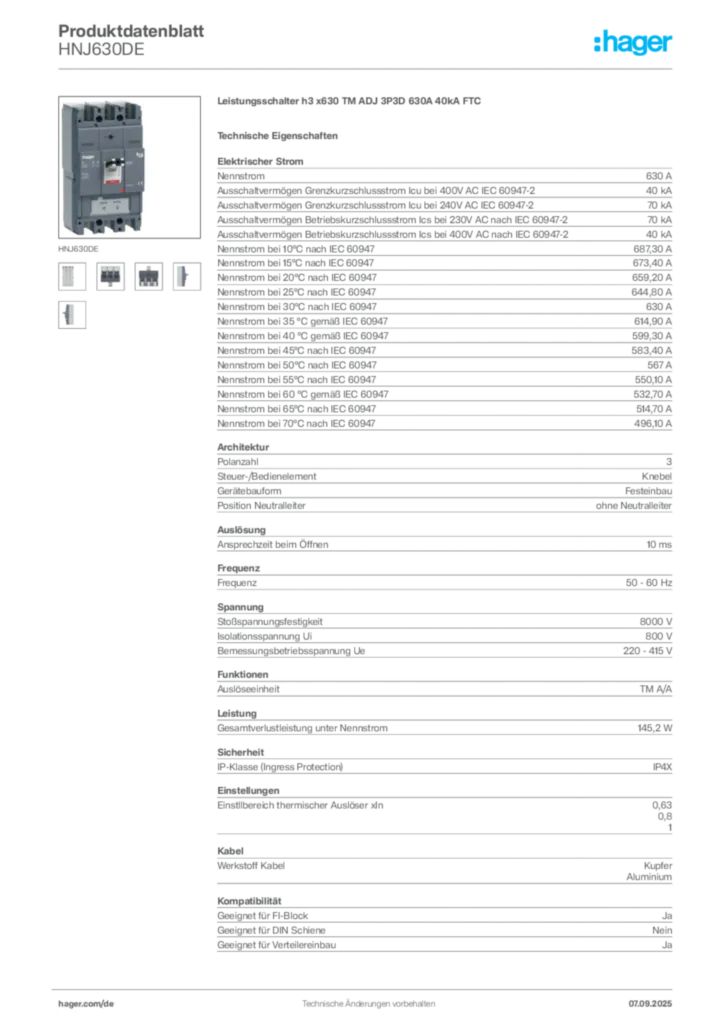 Bild Hager Produktdatenblatt HNJ630DE | Hager Deutschland
