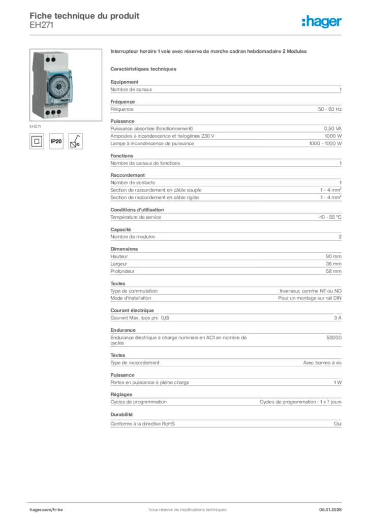 Image Hager Fiche technique du produit EH271 | Hager Belgique