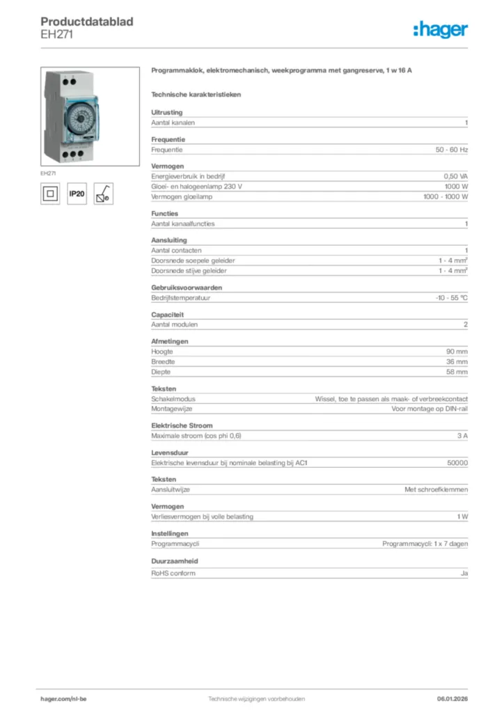 Afbeelding Hager Productdatablad EH271 | Hager Belgium