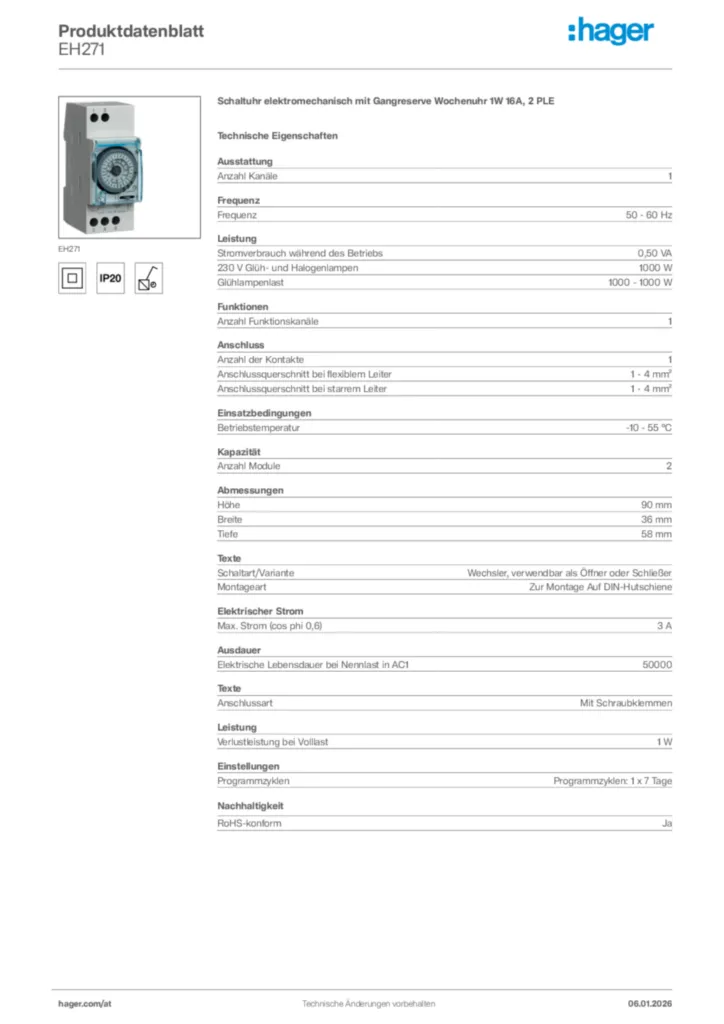 Bild Hager Produktdatenblatt EH271 | Hager Deutschland