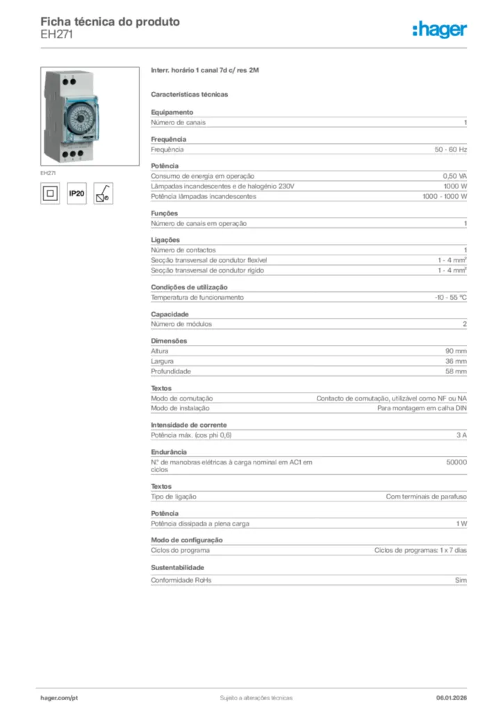 Imagem Hager Ficha técnica do produto EH271 | Hager Portugal